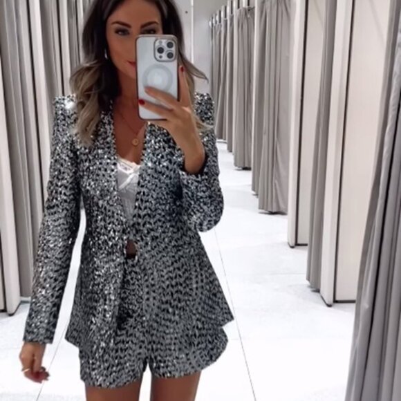 Zara silver black collarless sequin holiday sparkle blazer size S - Picture 5 of 8